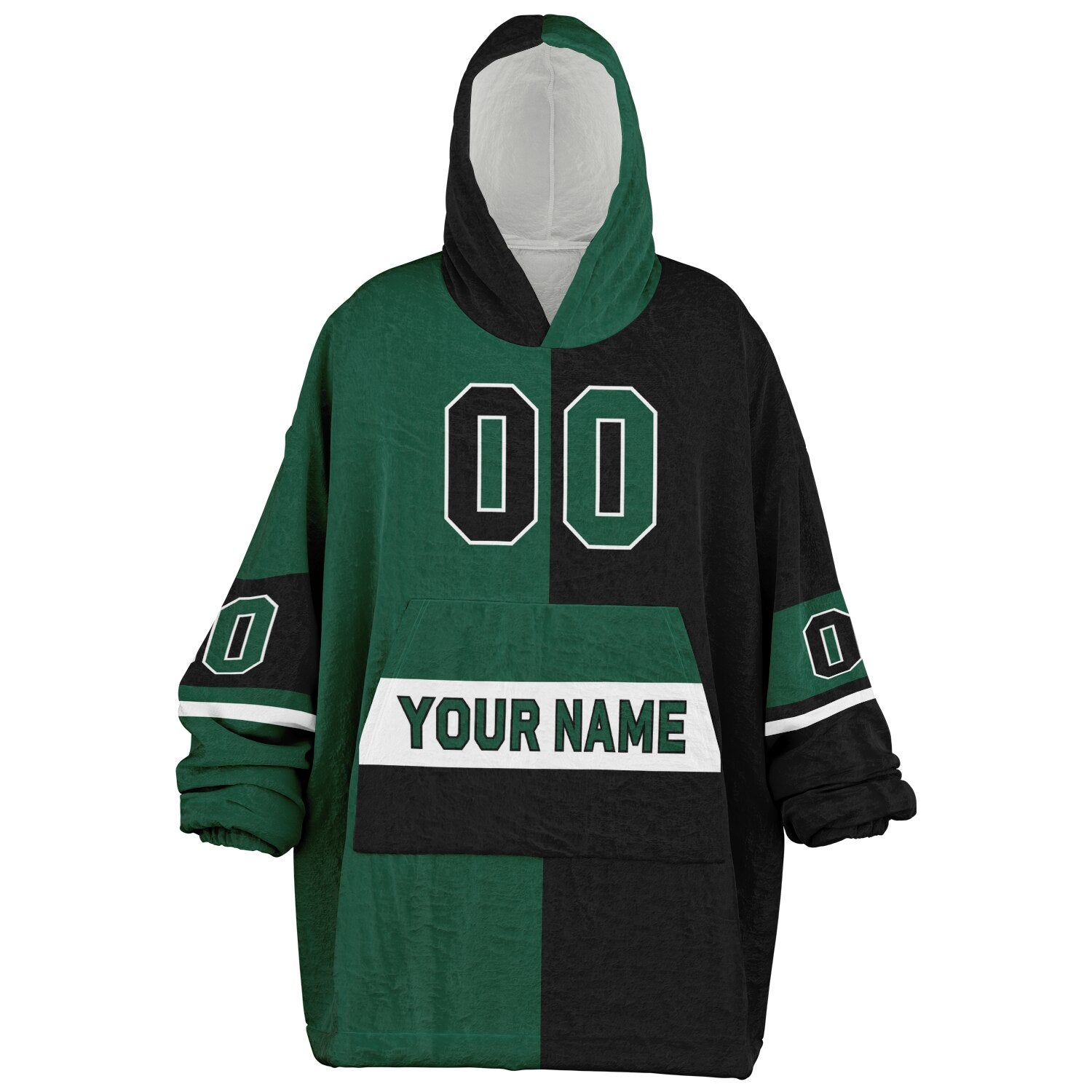 Green, black, and white halftime snug hoodie with three-tone split design and cozy fleece texture.