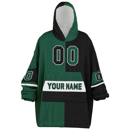 Green, black, and white halftime snug hoodie with three-tone split design and cozy fleece texture.