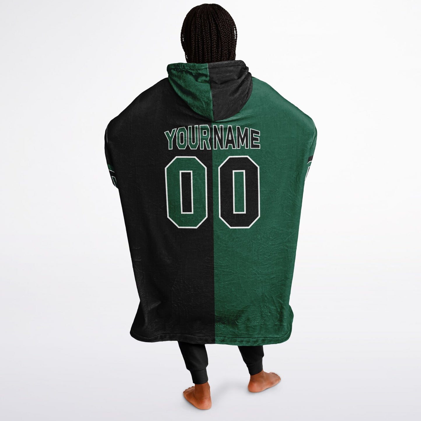 Green, black, and white halftime snug hoodie with three-tone split design and cozy fleece texture