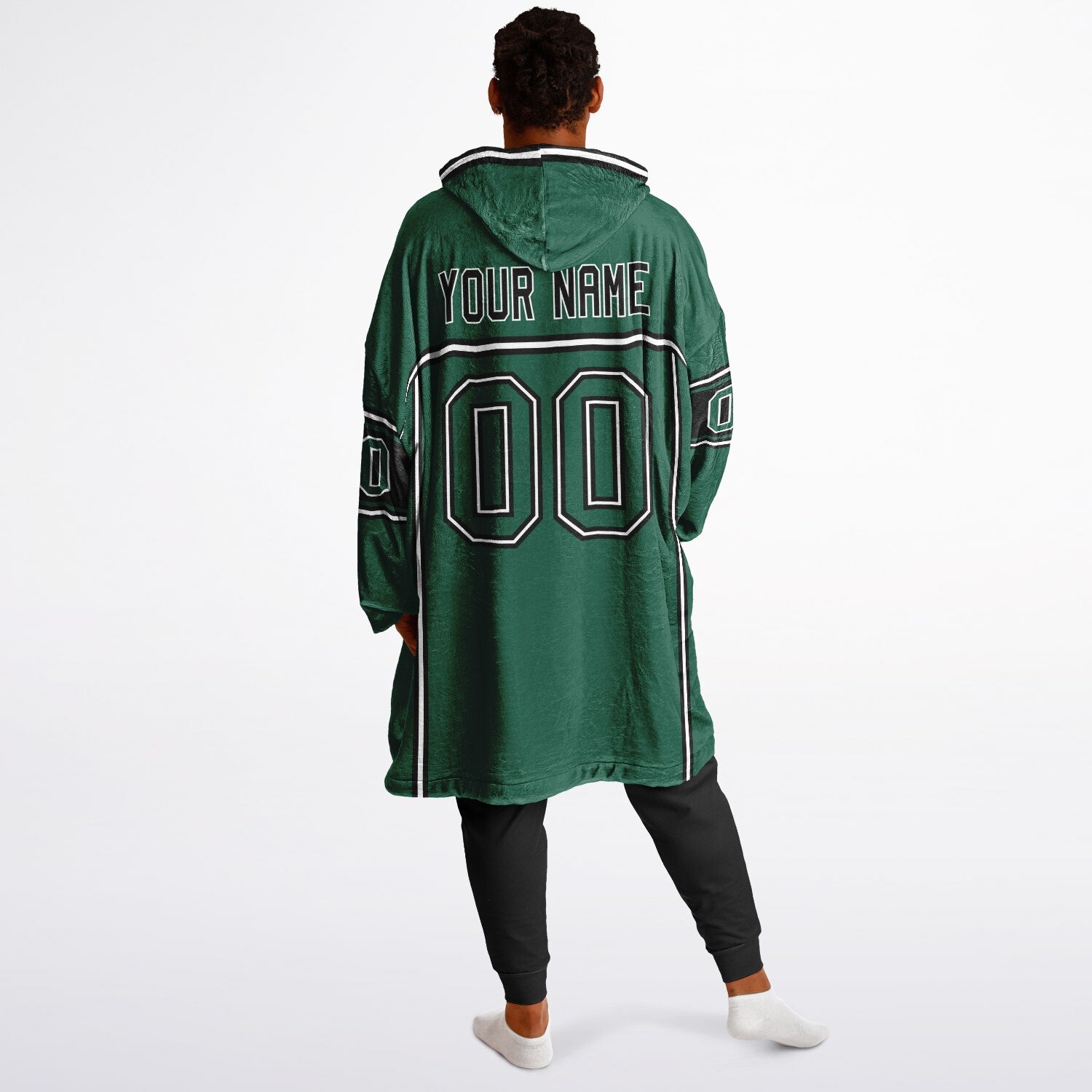 Green, black, and white lineup snug hoodie with clean line work and subtle jersey influence.