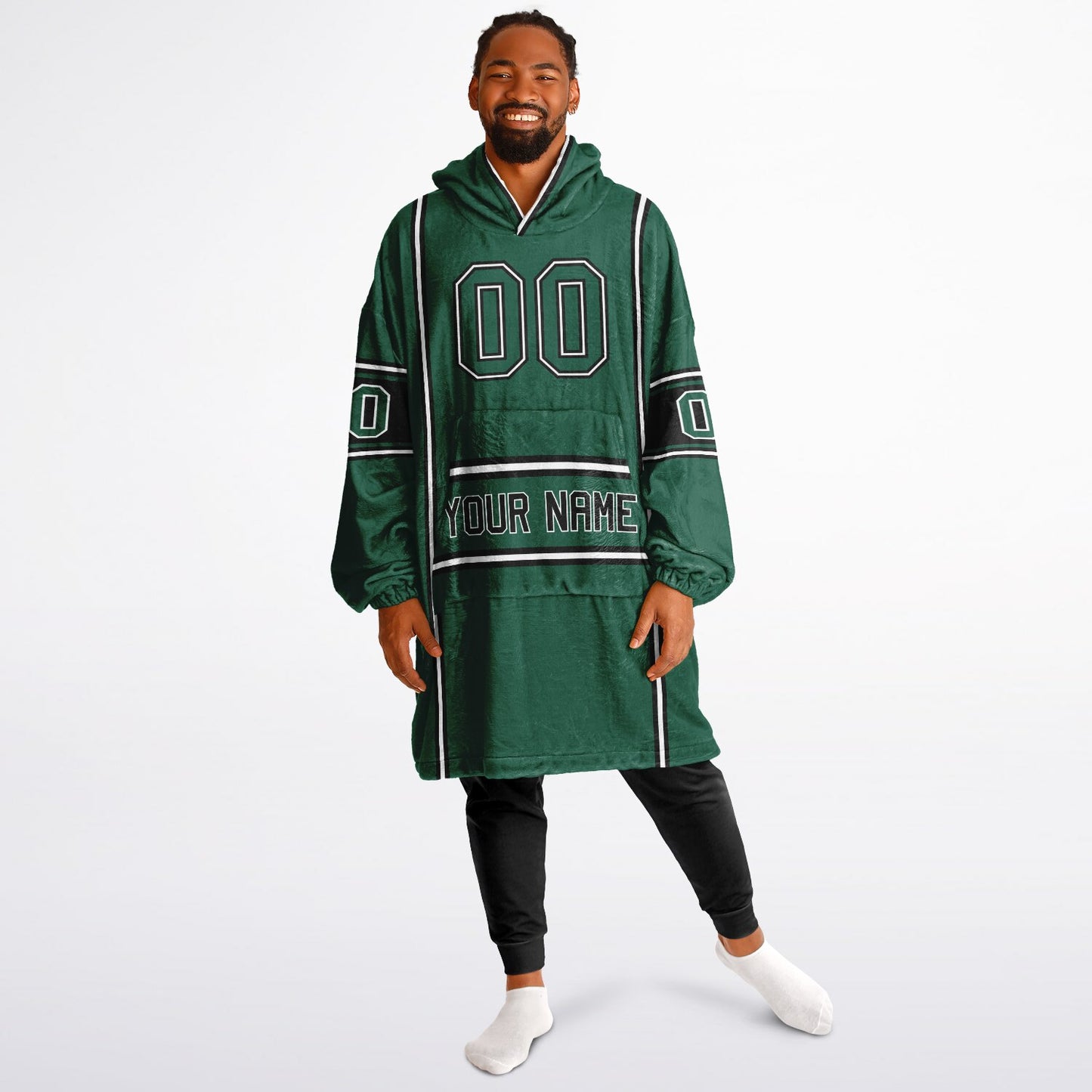 Green, black, and white lineup snug hoodie with clean line work and subtle jersey influence.