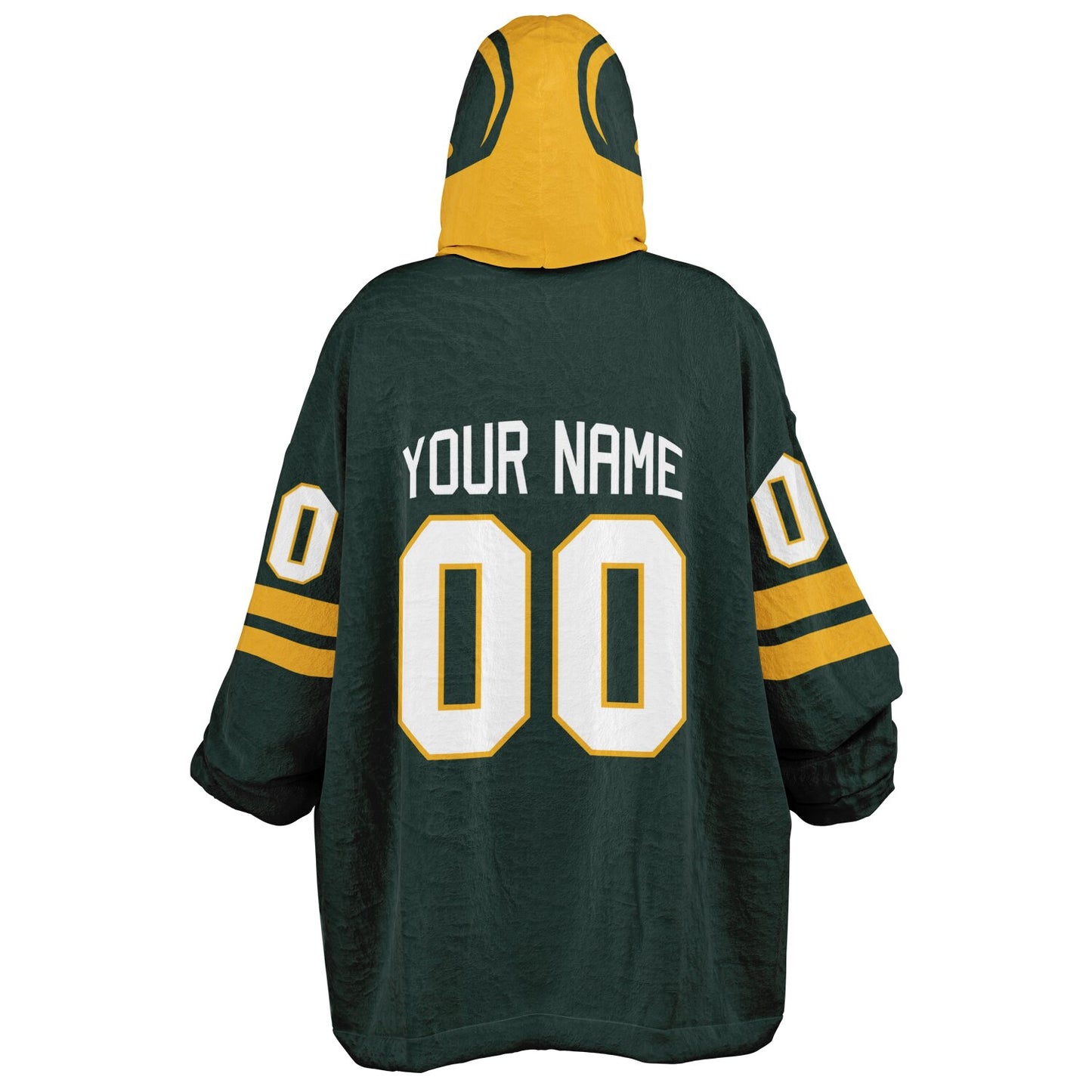 Green and gold classic snug hoodie featuring jersey-style stripes and personalized name and number.