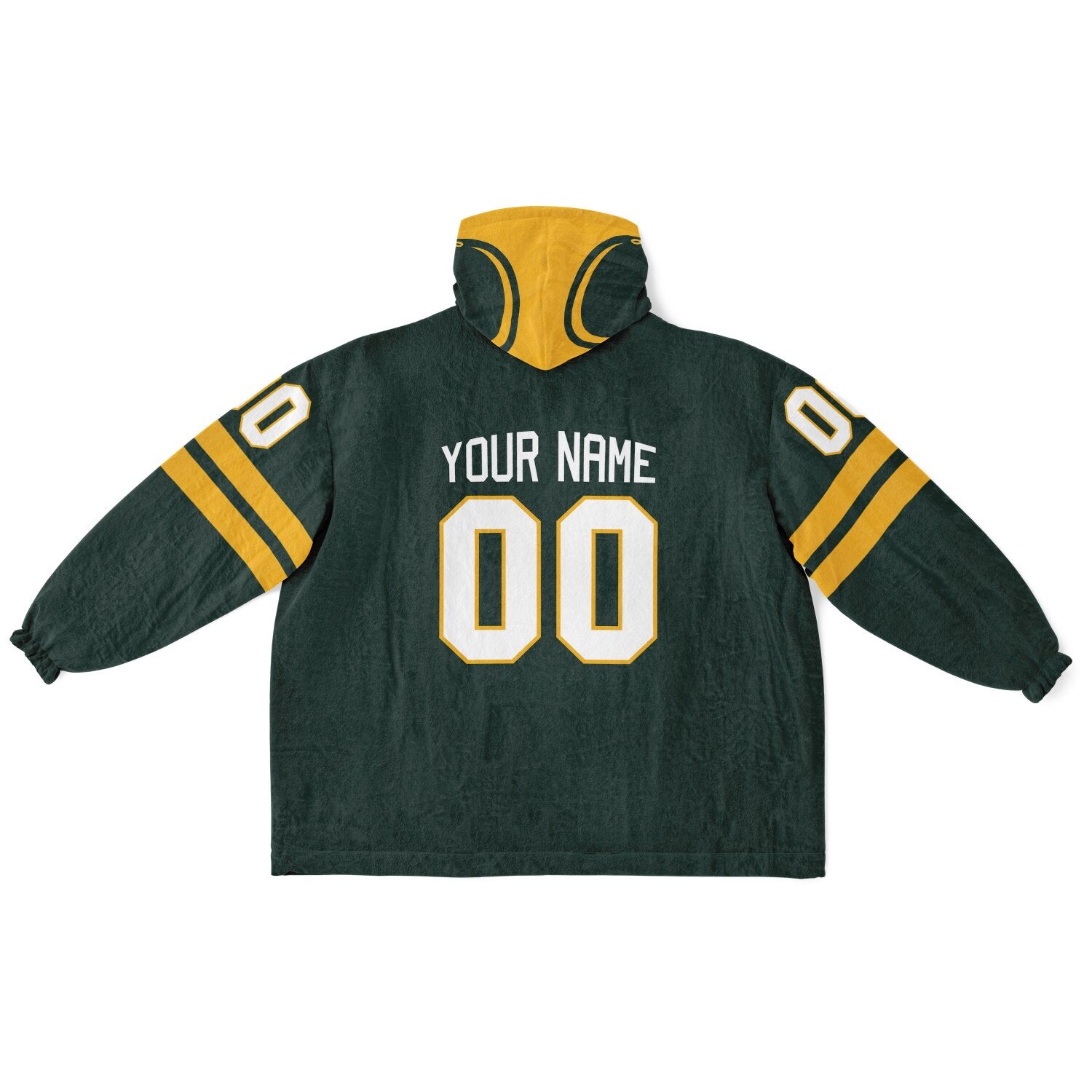 Green and gold classic snug hoodie featuring jersey-style stripes and personalized name and number.