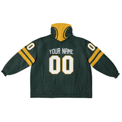 Green and gold classic snug hoodie featuring jersey-style stripes and personalized name and number.