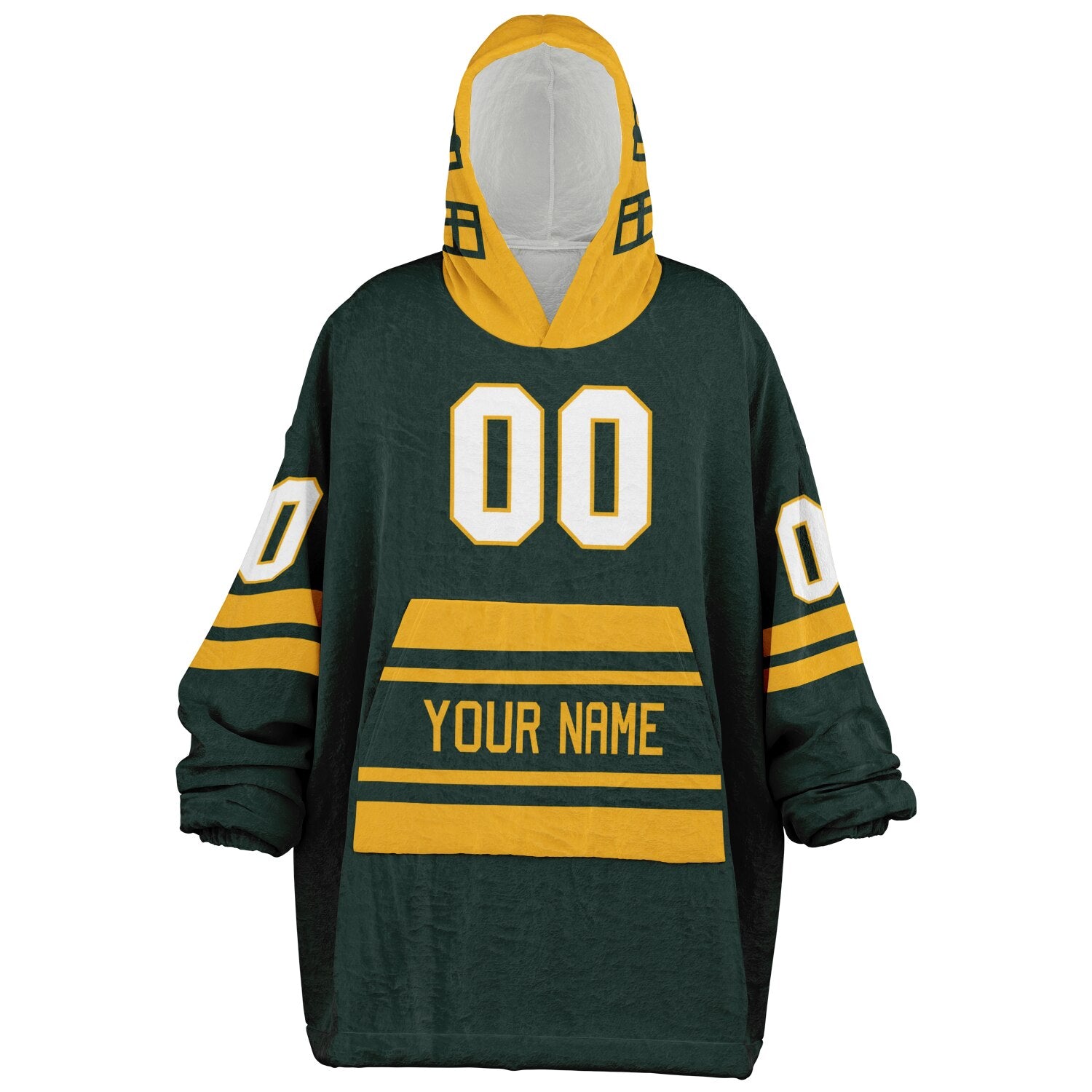 Green and gold classic snug hoodie featuring jersey-style stripes and personalized name and number.