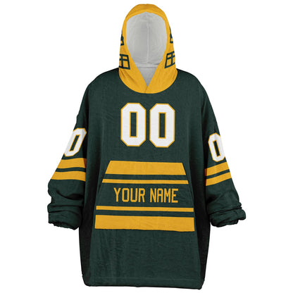 Green and gold classic snug hoodie featuring jersey-style stripes and personalized name and number.