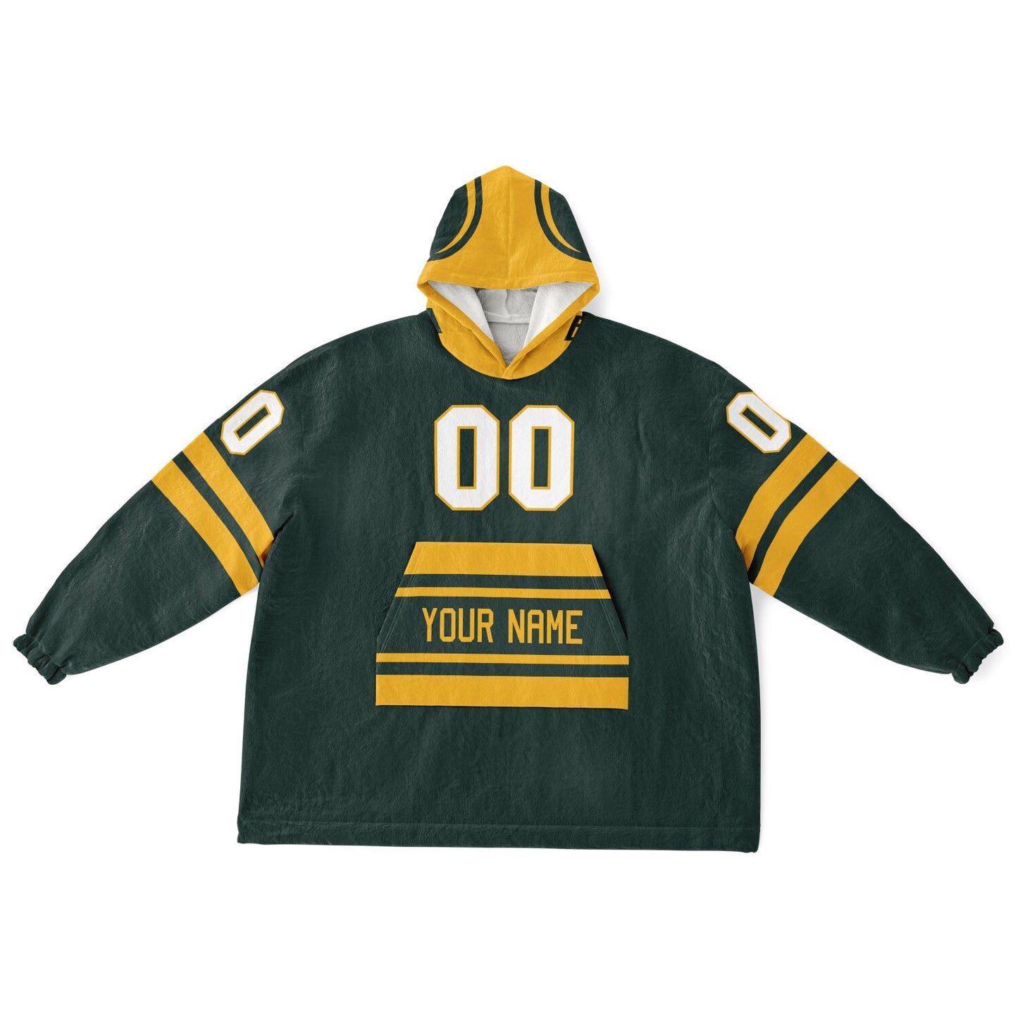 Green and gold classic snug hoodie featuring jersey-style stripes and personalized name and number.