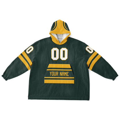 Green and gold classic snug hoodie featuring jersey-style stripes and personalized name and number.