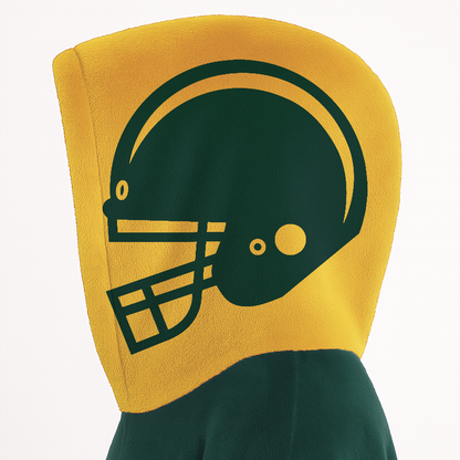 Green and gold classic snug hoodie featuring jersey-style stripes and personalized name and number.