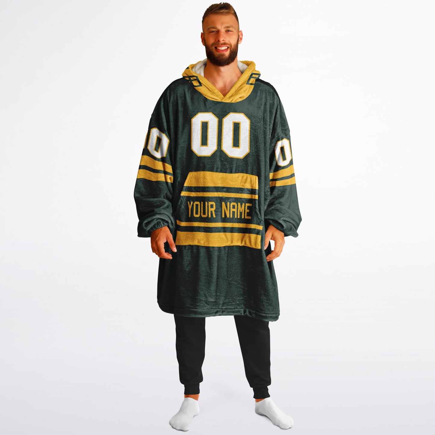 Green and gold classic snug hoodie featuring jersey-style stripes and personalized name and number.