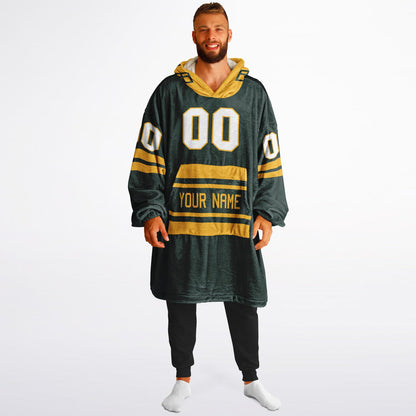 Green and gold classic snug hoodie featuring jersey-style stripes and personalized name and number.