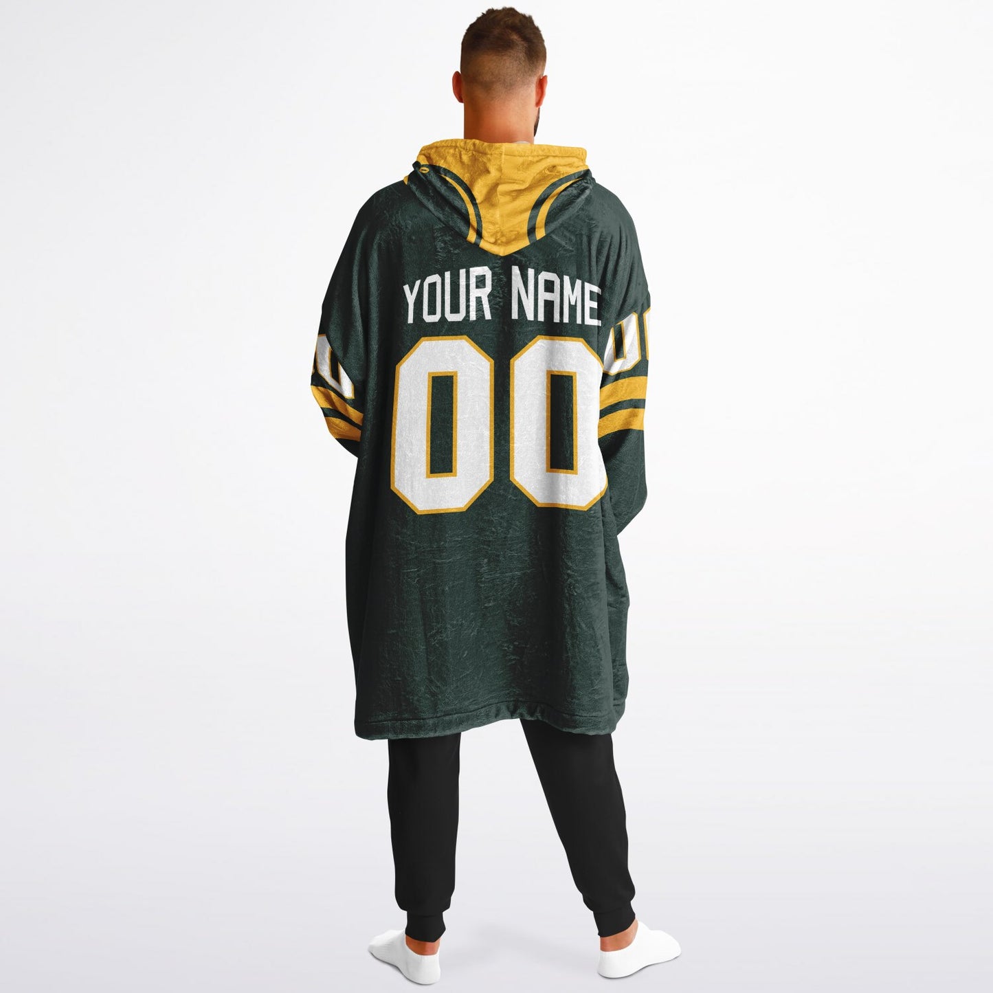 Green and gold classic snug hoodie featuring jersey-style stripes and personalized name and number.