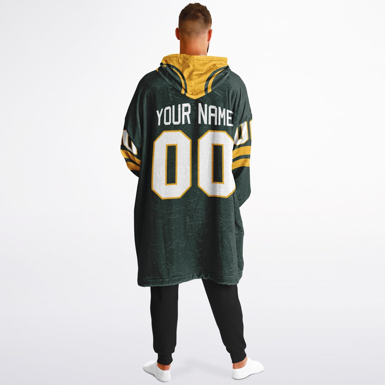 Green and gold classic snug hoodie featuring jersey-style stripes and personalized name and number.