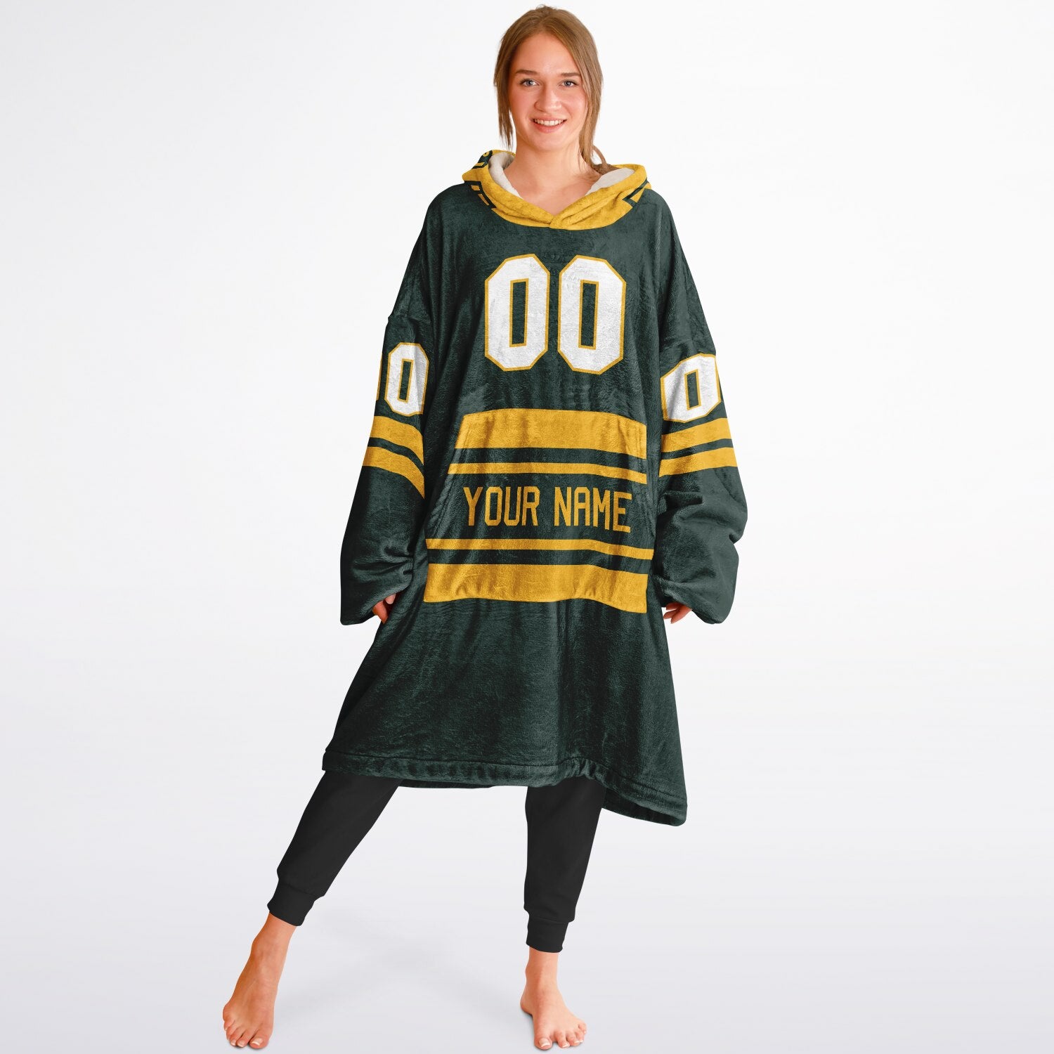Green and gold classic snug hoodie featuring jersey-style stripes and personalized name and number.