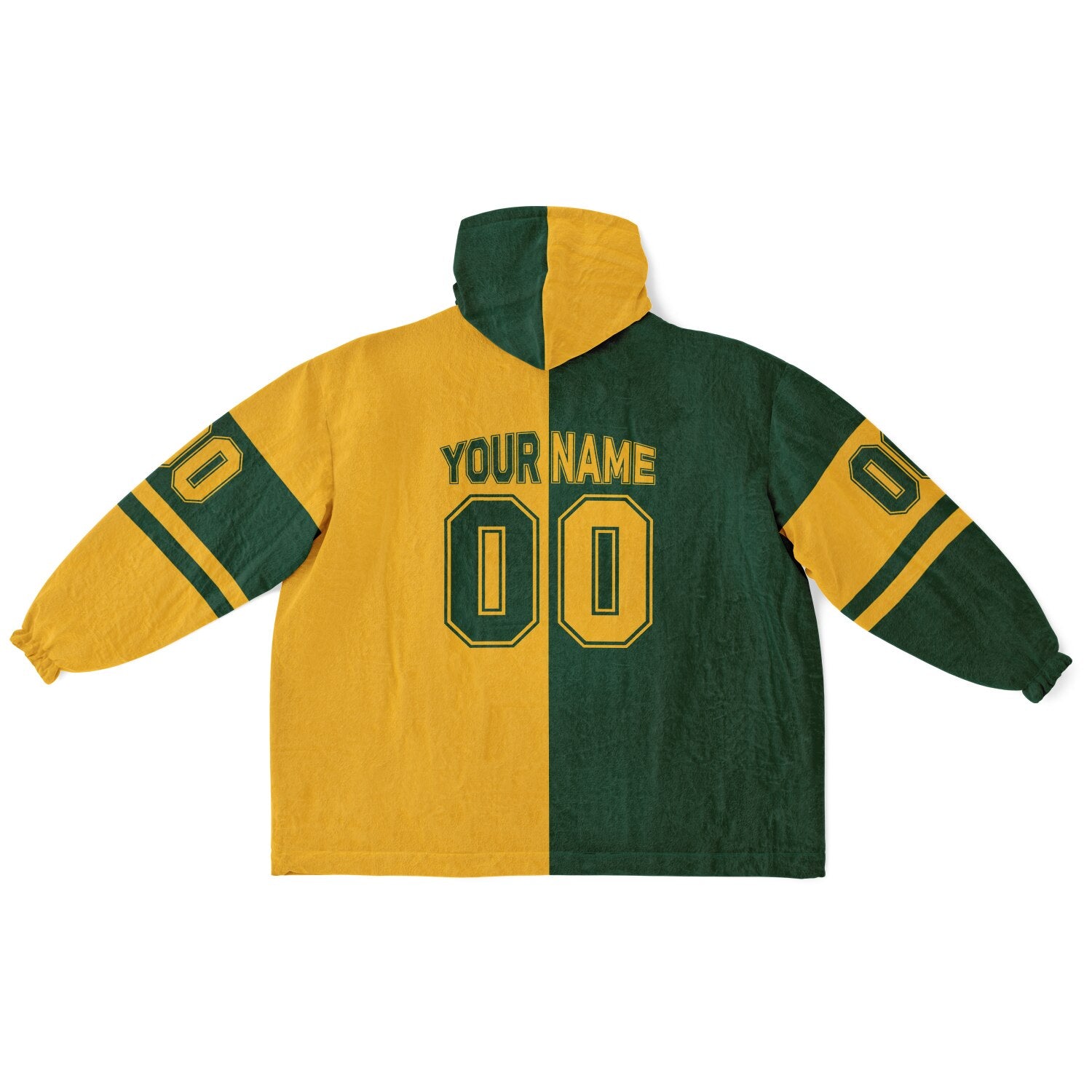 Green and gold halftime snug hoodie featuring a symmetrical split design for a dynamic game-day look.