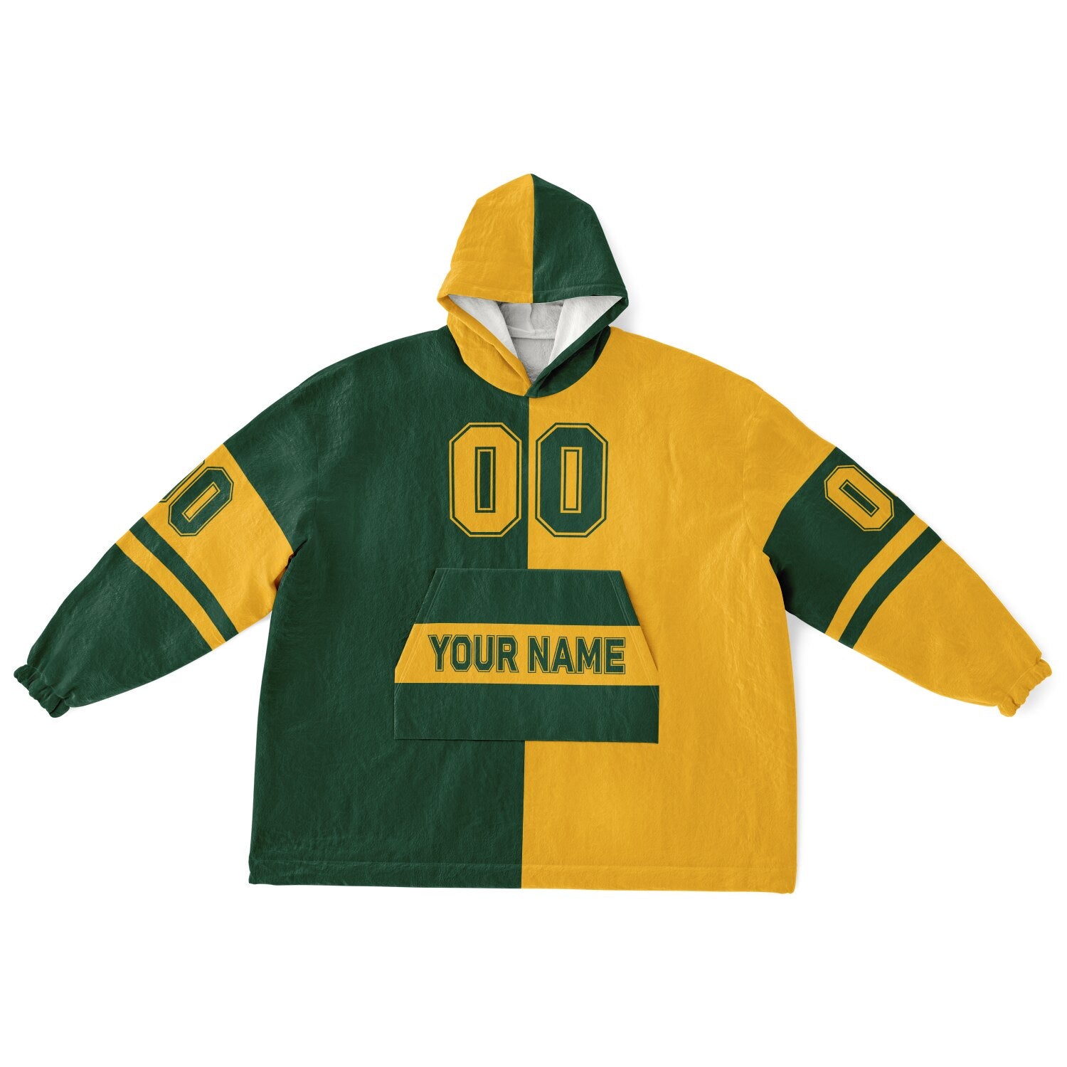 Green and gold halftime snug hoodie featuring a symmetrical split design for a dynamic game-day look.