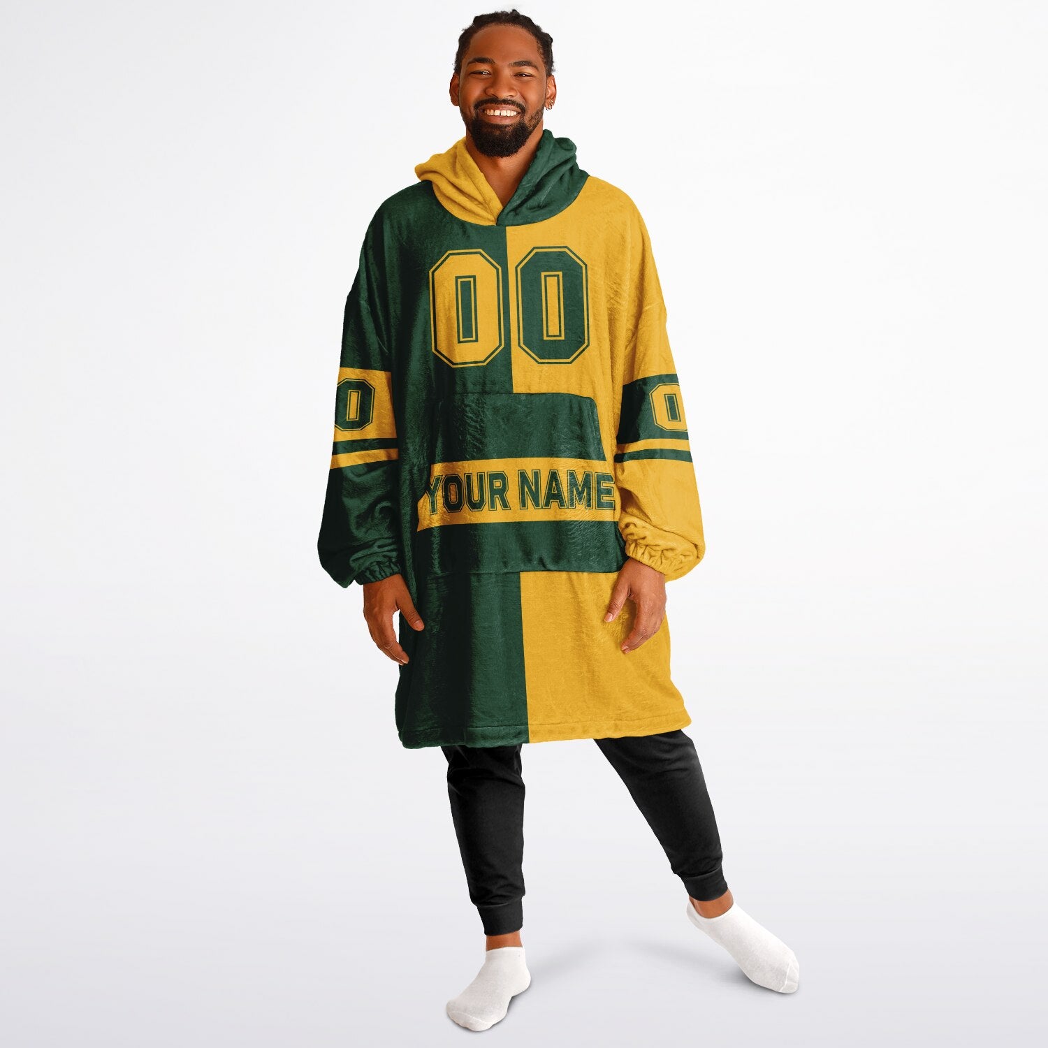 Green and gold halftime snug hoodie featuring a symmetrical split design for a dynamic game-day look.