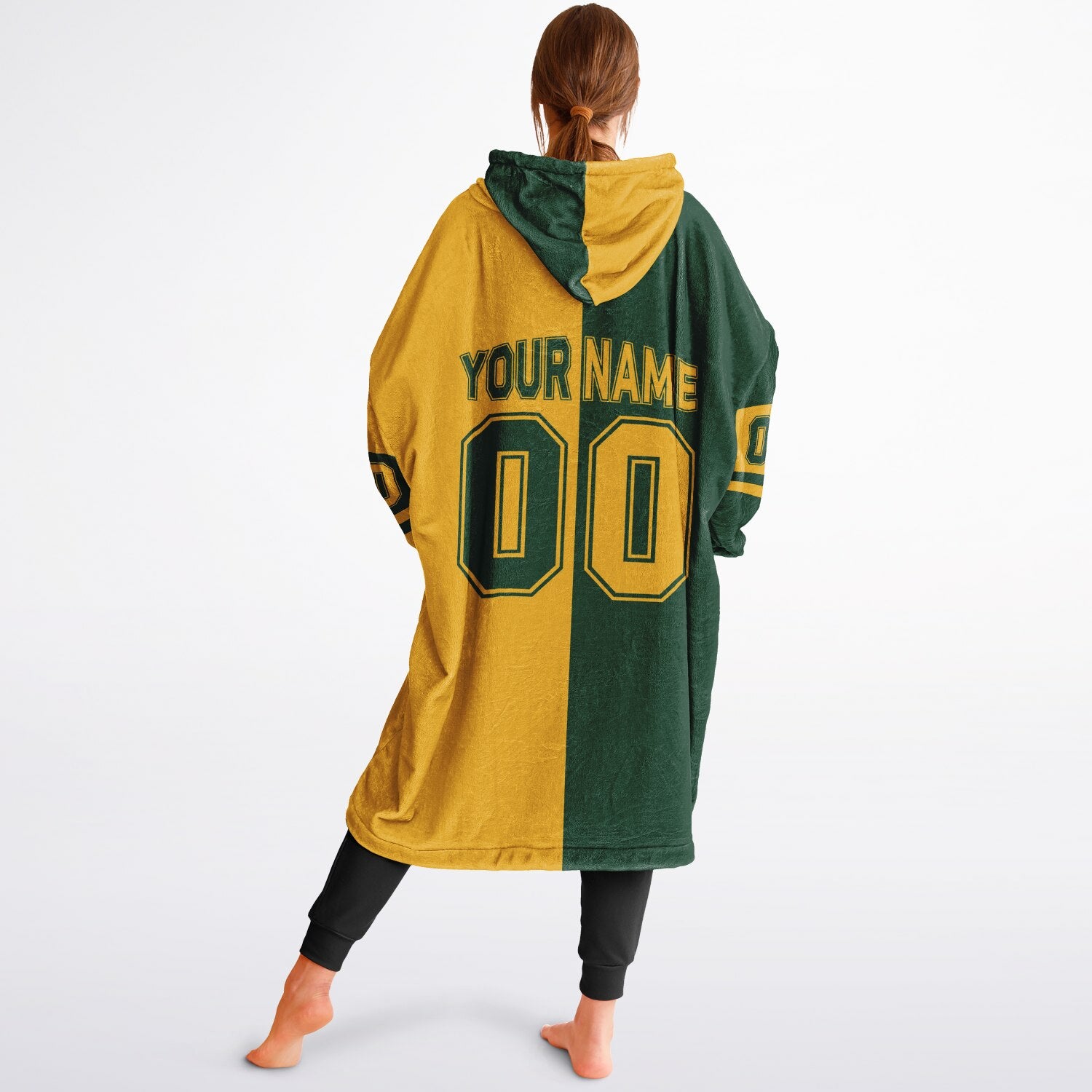 Green and gold halftime snug hoodie featuring a symmetrical split design for a dynamic game-day look.