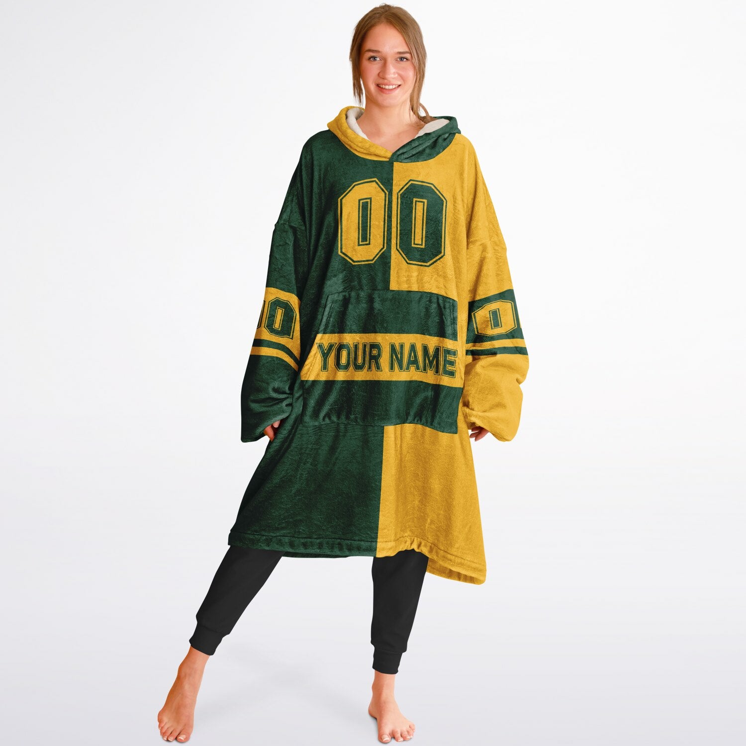 Green and gold halftime snug hoodie featuring a symmetrical split design for a dynamic game-day look.