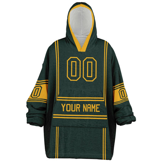 Green and gold lineup snug hoodie featuring sleek line-art details and minimalist team-inspired design.
