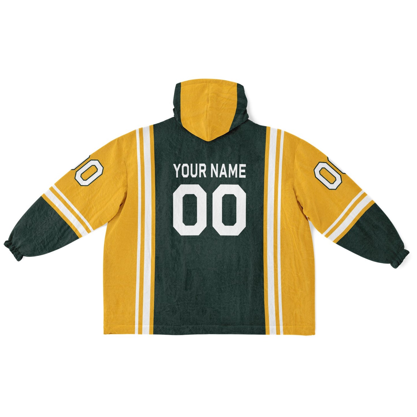 Green, gold, and white bold snug hoodie with triple color blocking and a sporty aesthetic.