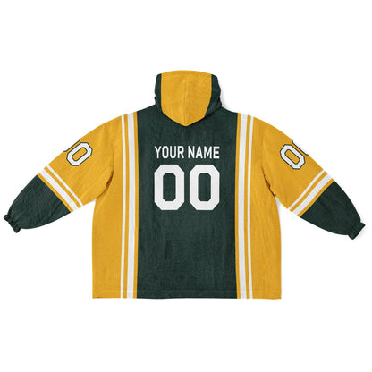 Green, gold, and white bold snug hoodie with triple color blocking and a sporty aesthetic.