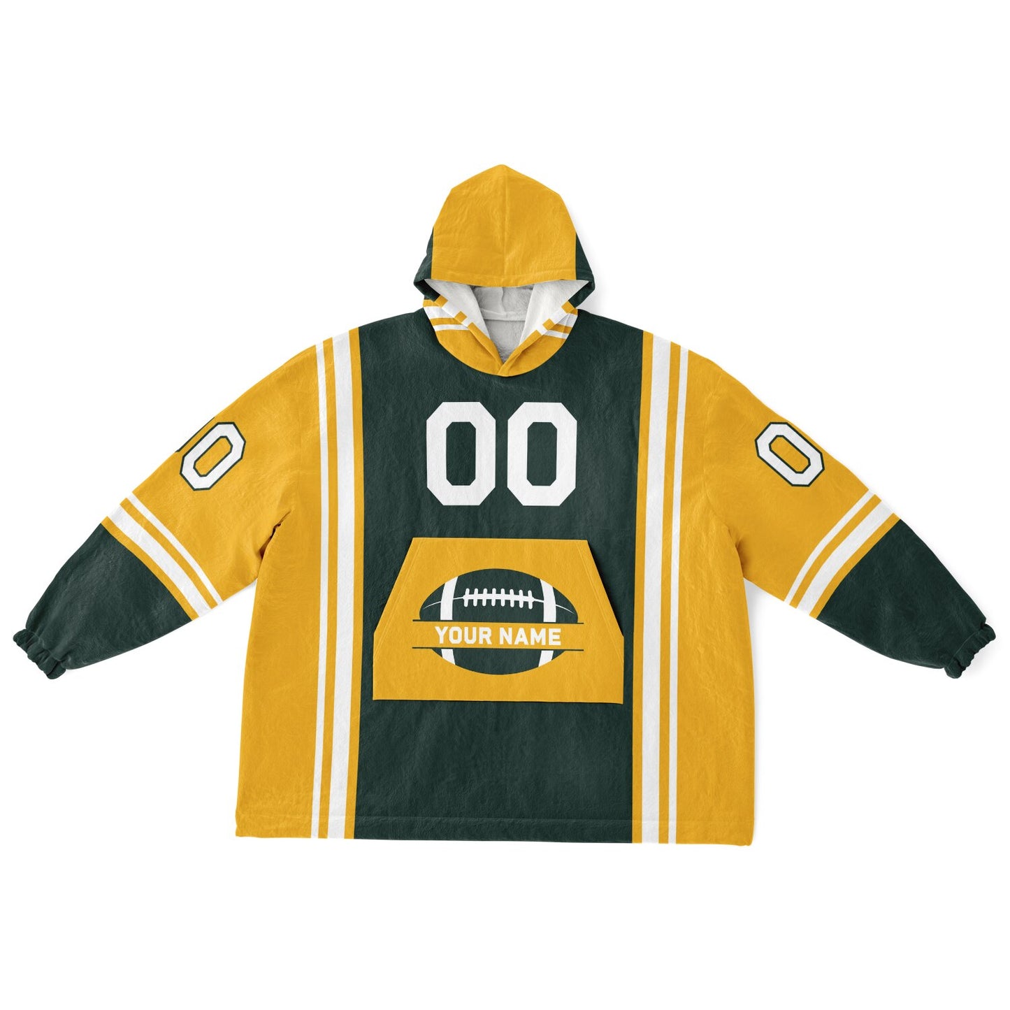 Green, gold, and white bold snug hoodie with triple color blocking and a sporty aesthetic.