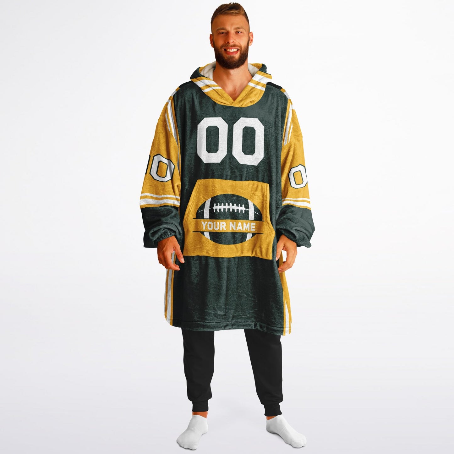 Green, gold, and white bold snug hoodie with triple color blocking and a sporty aesthetic.