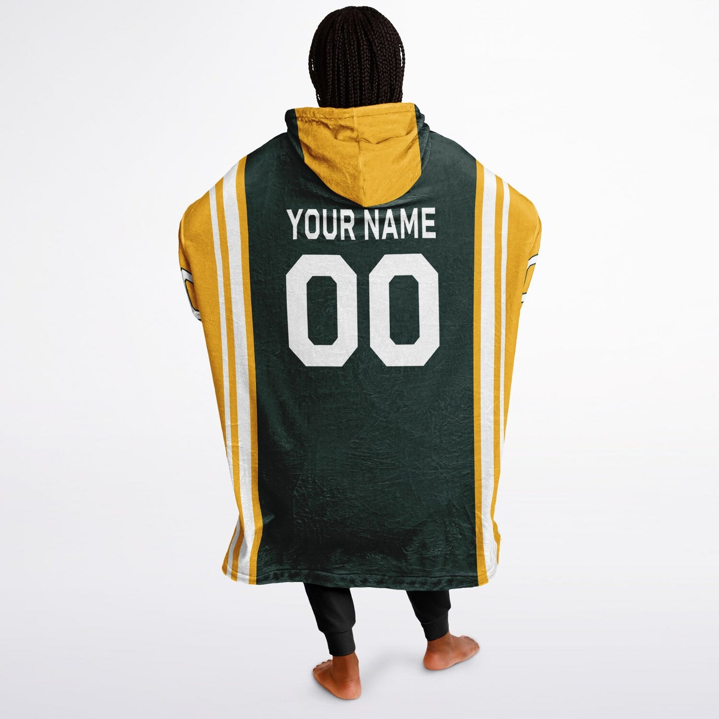 Green, gold, and white bold snug hoodie with triple color blocking and a sporty aesthetic.