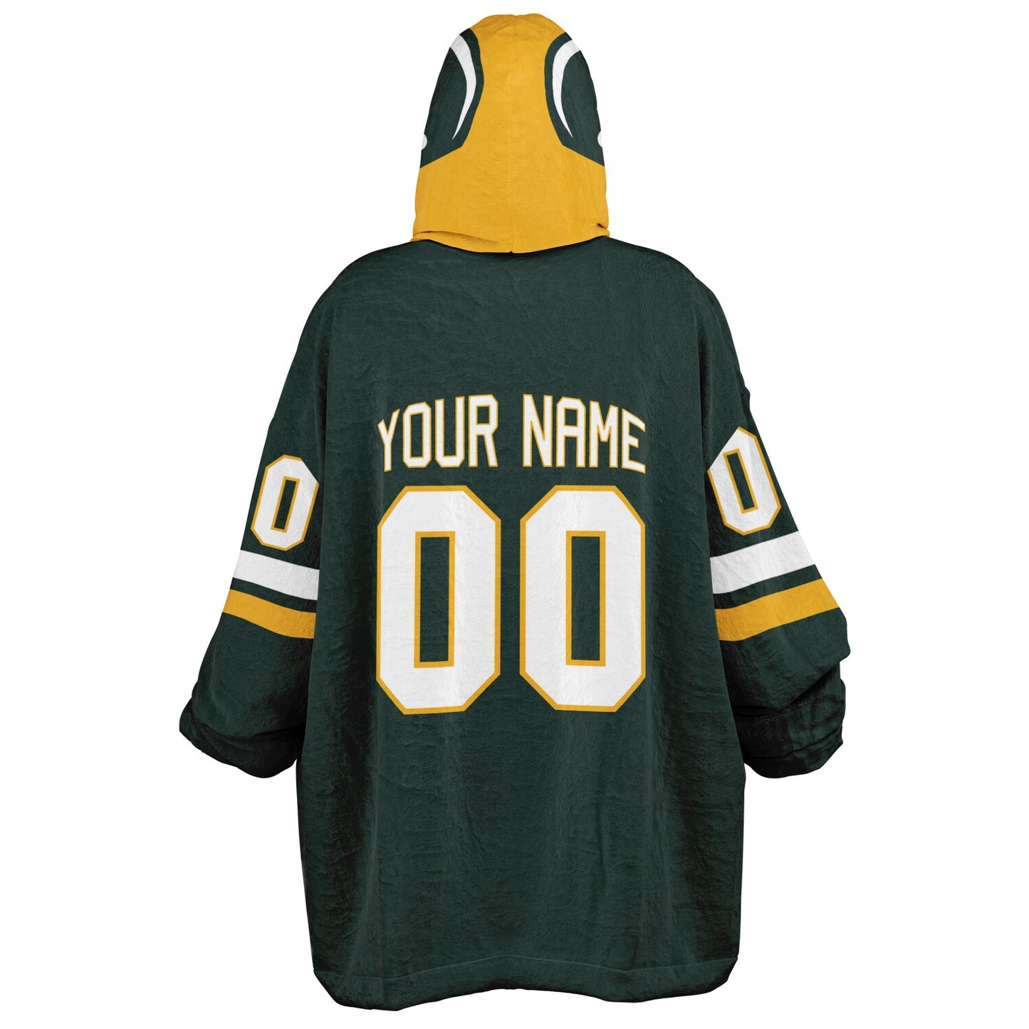 Green, gold, and white classic snug hoodie featuring authentic jersey striping and personalized number details.