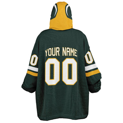 Green, gold, and white classic snug hoodie featuring authentic jersey striping and personalized number details.
