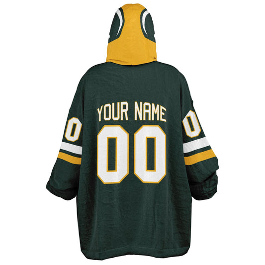 Green, gold, and white classic snug hoodie featuring authentic jersey striping and personalized number details.