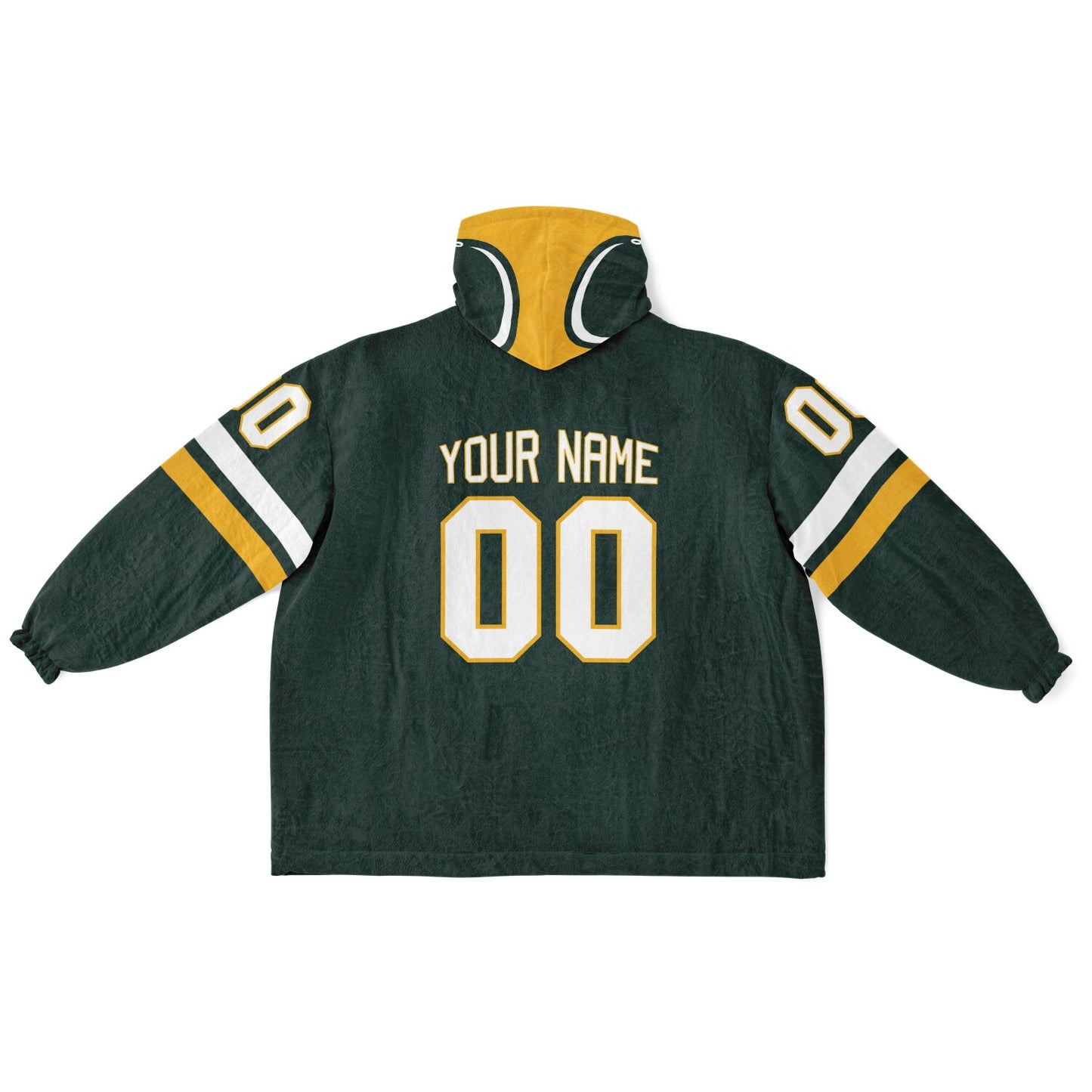 Green, gold, and white classic snug hoodie featuring authentic jersey striping and personalized number details.