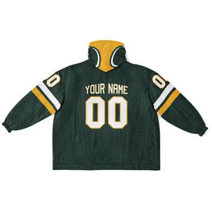 Green, gold, and white classic snug hoodie featuring authentic jersey striping and personalized number details.