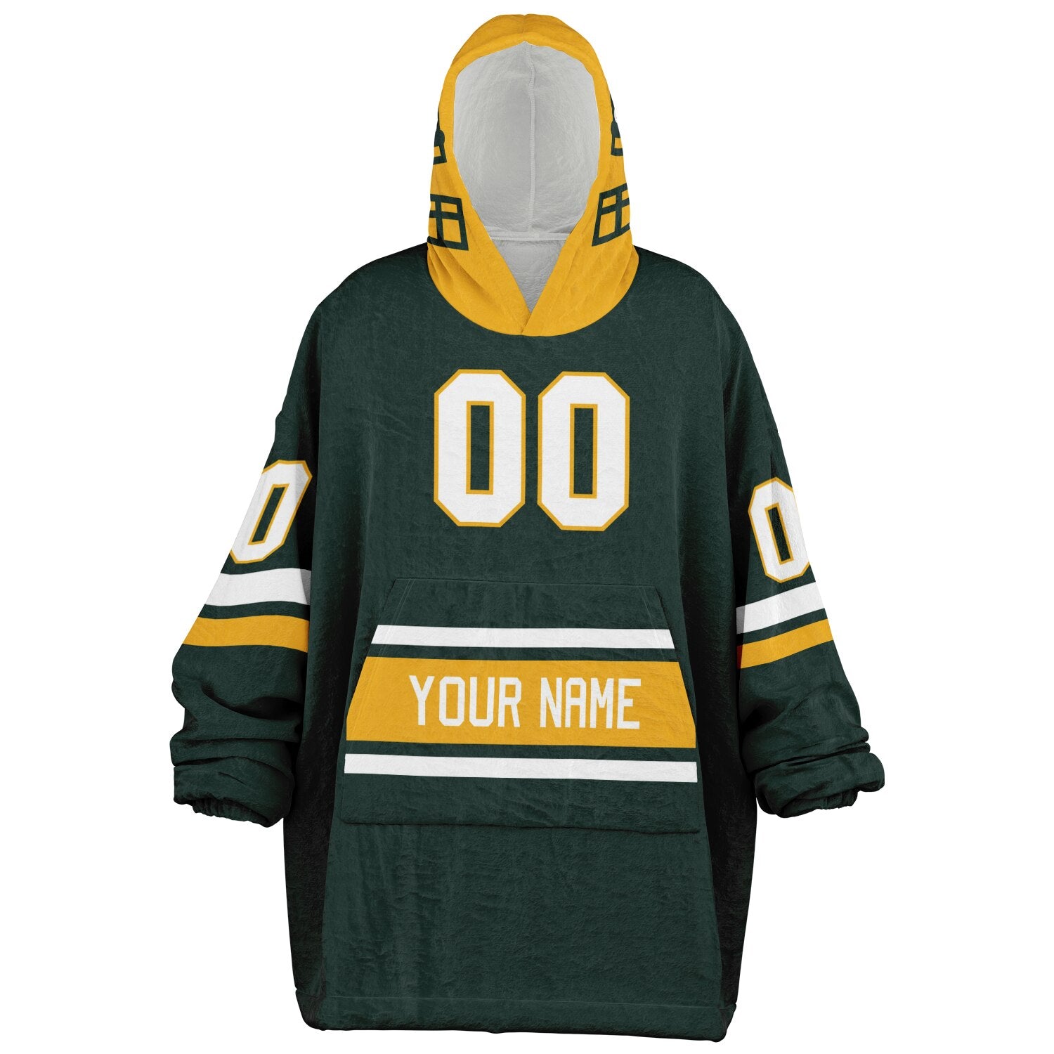 Green, gold, and white classic snug hoodie featuring authentic jersey striping and personalized number details.
