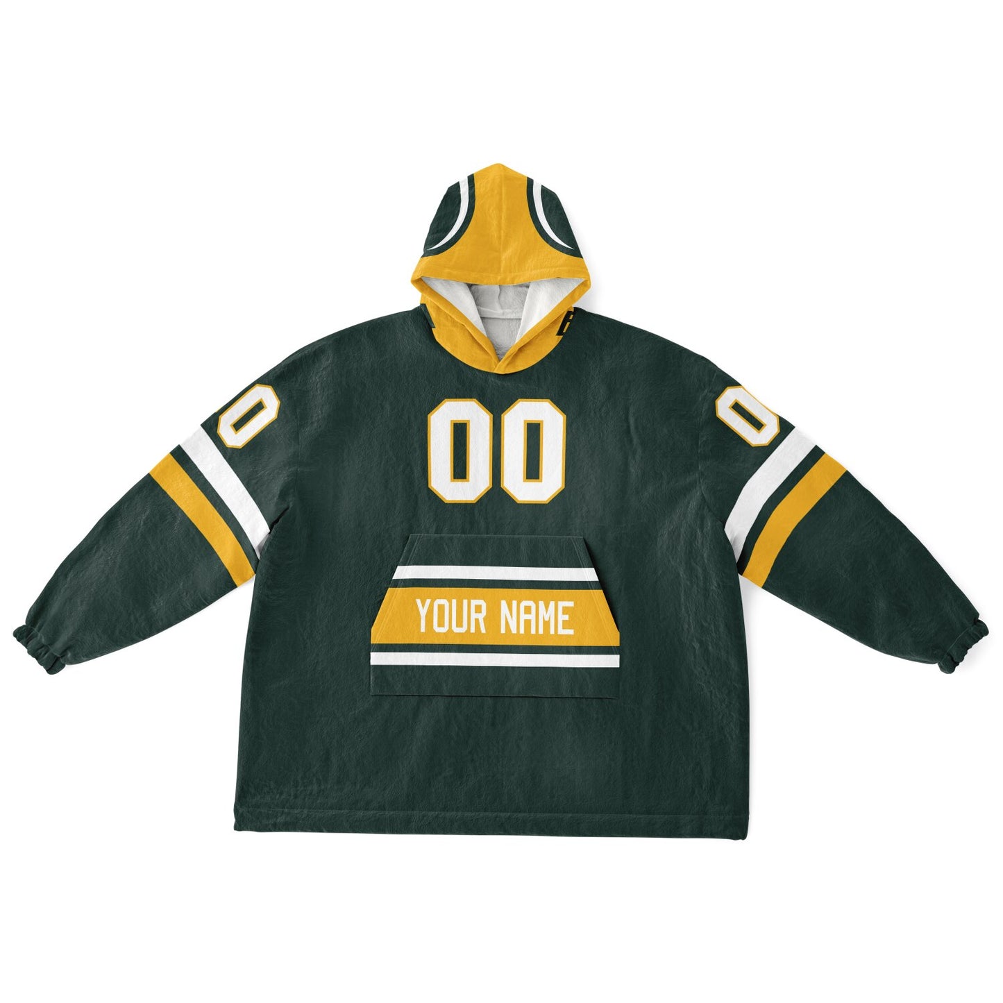 Green, gold, and white classic snug hoodie featuring authentic jersey striping and personalized number details.