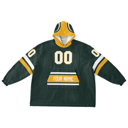Green, gold, and white classic snug hoodie featuring authentic jersey striping and personalized number details.