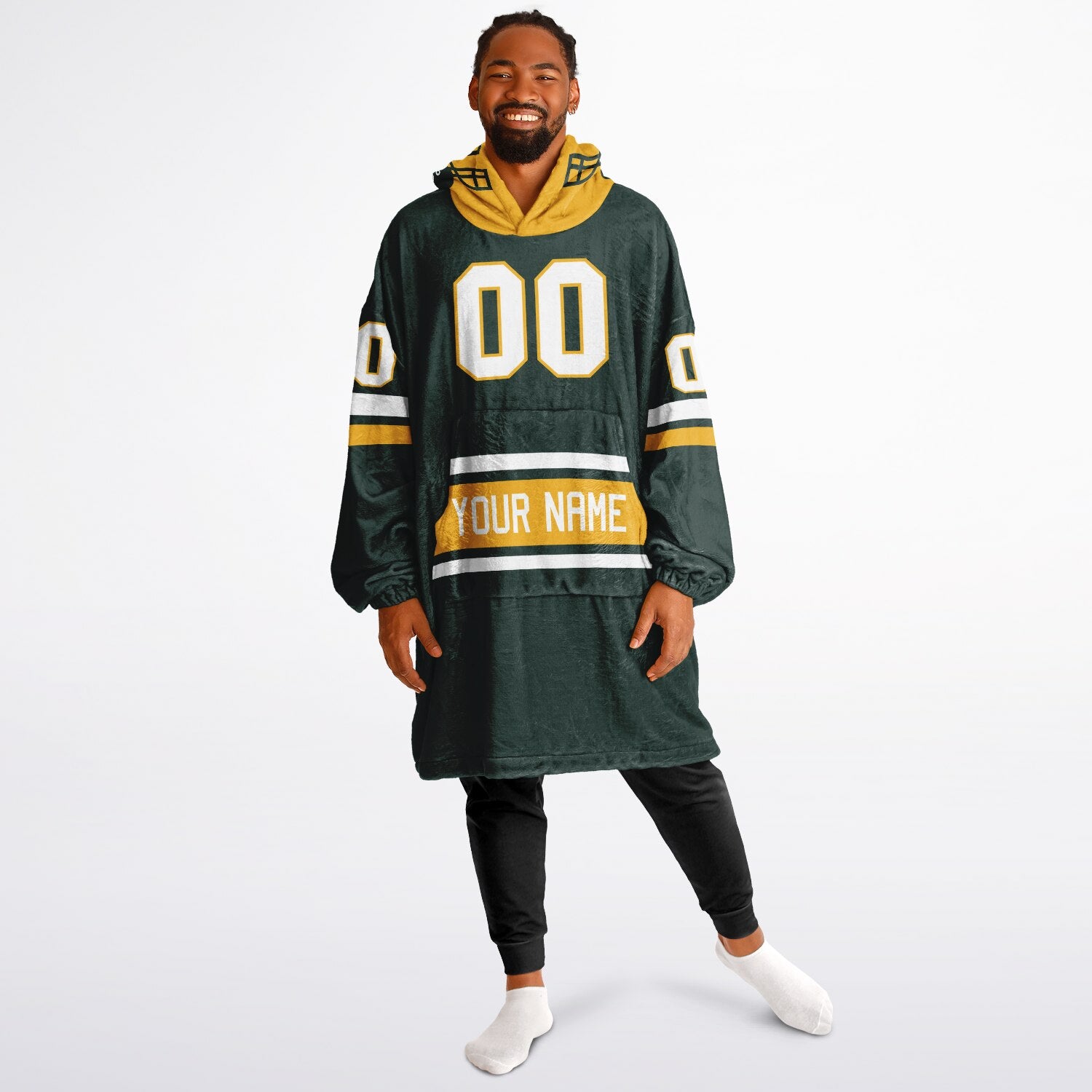 Green, gold, and white classic snug hoodie featuring authentic jersey striping and personalized number details.