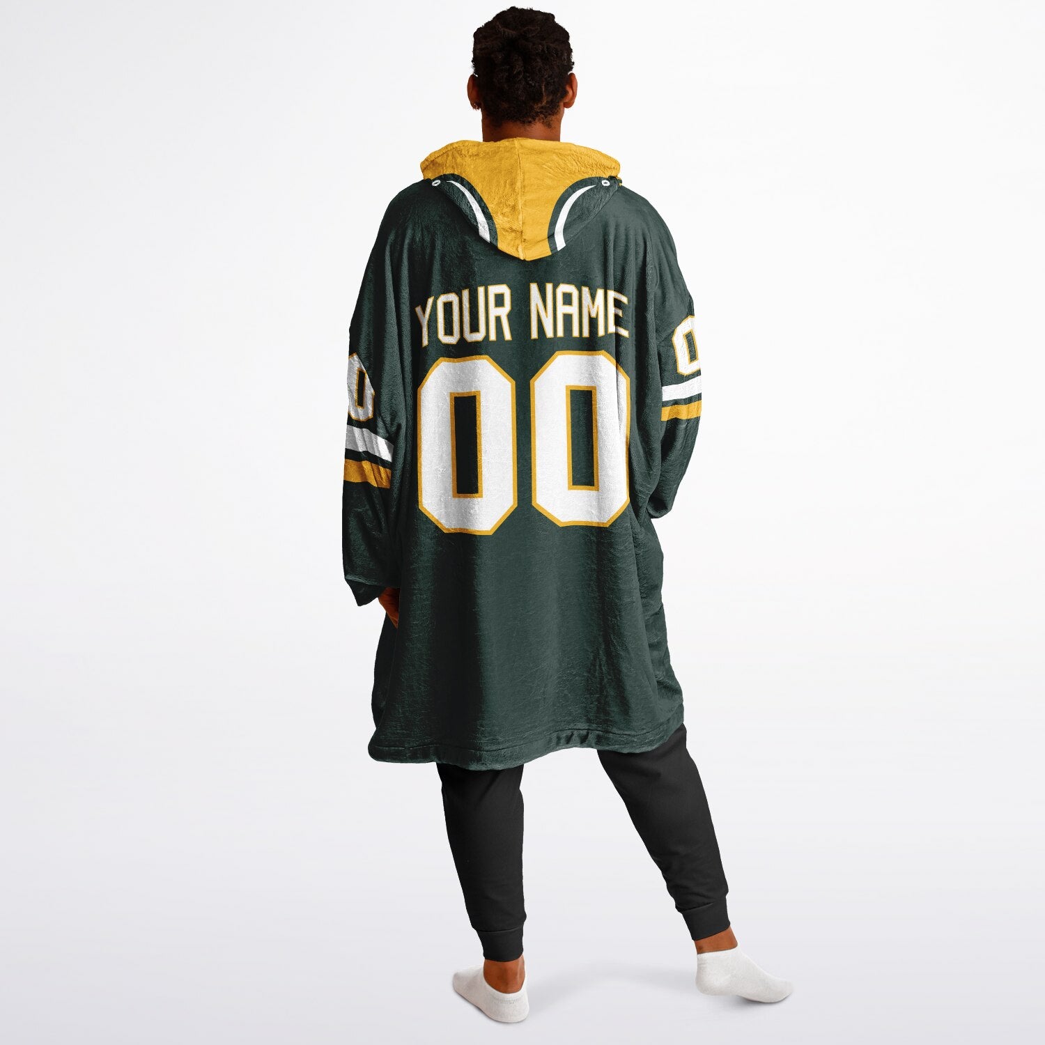 Green, gold, and white classic snug hoodie featuring authentic jersey striping and personalized number details.