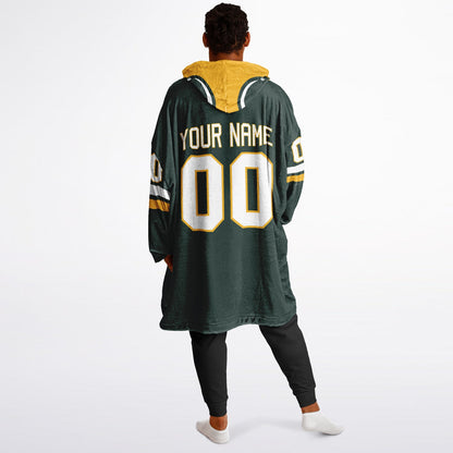 Green, gold, and white classic snug hoodie featuring authentic jersey striping and personalized number details.