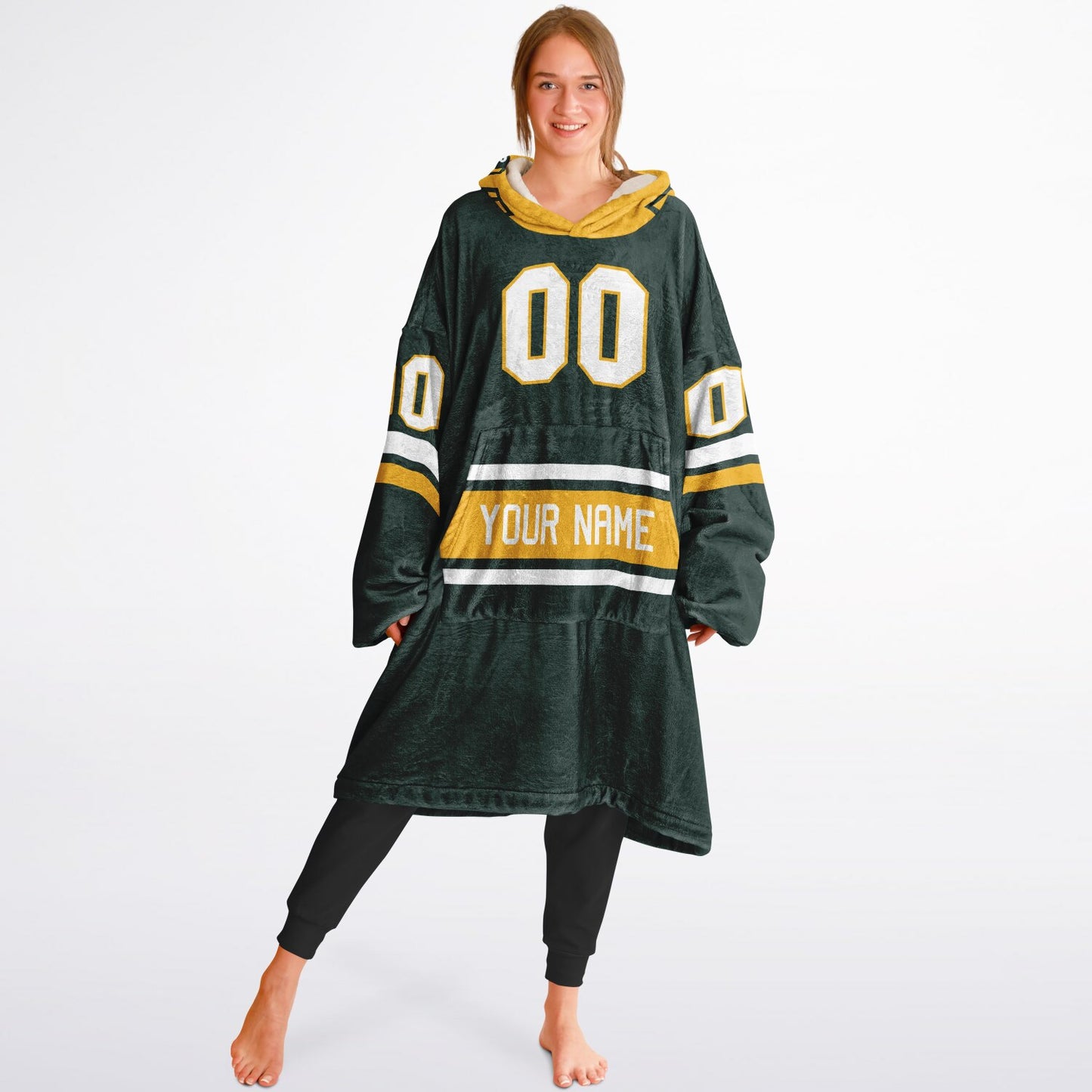 Green, gold, and white classic snug hoodie featuring authentic jersey striping and personalized number details.