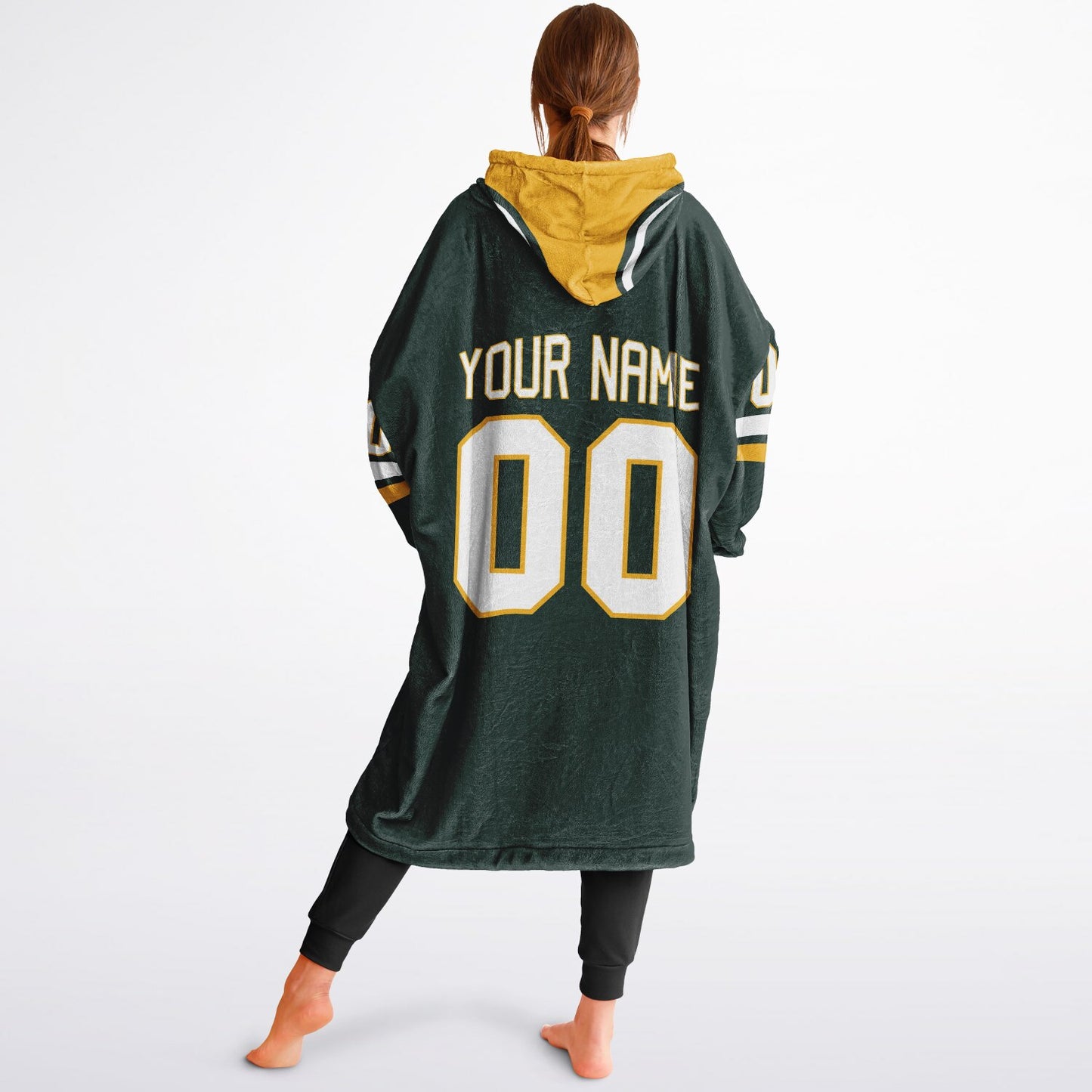 Green, gold, and white classic snug hoodie featuring authentic jersey striping and personalized number details.