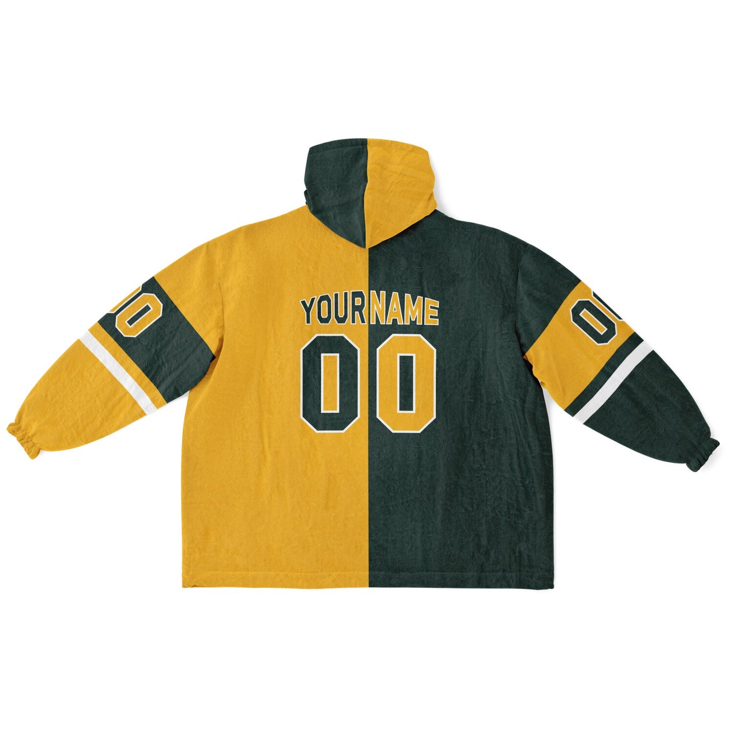 Green, gold, and white halftime snug hoodie with three-tone split design and cozy fleece texture.