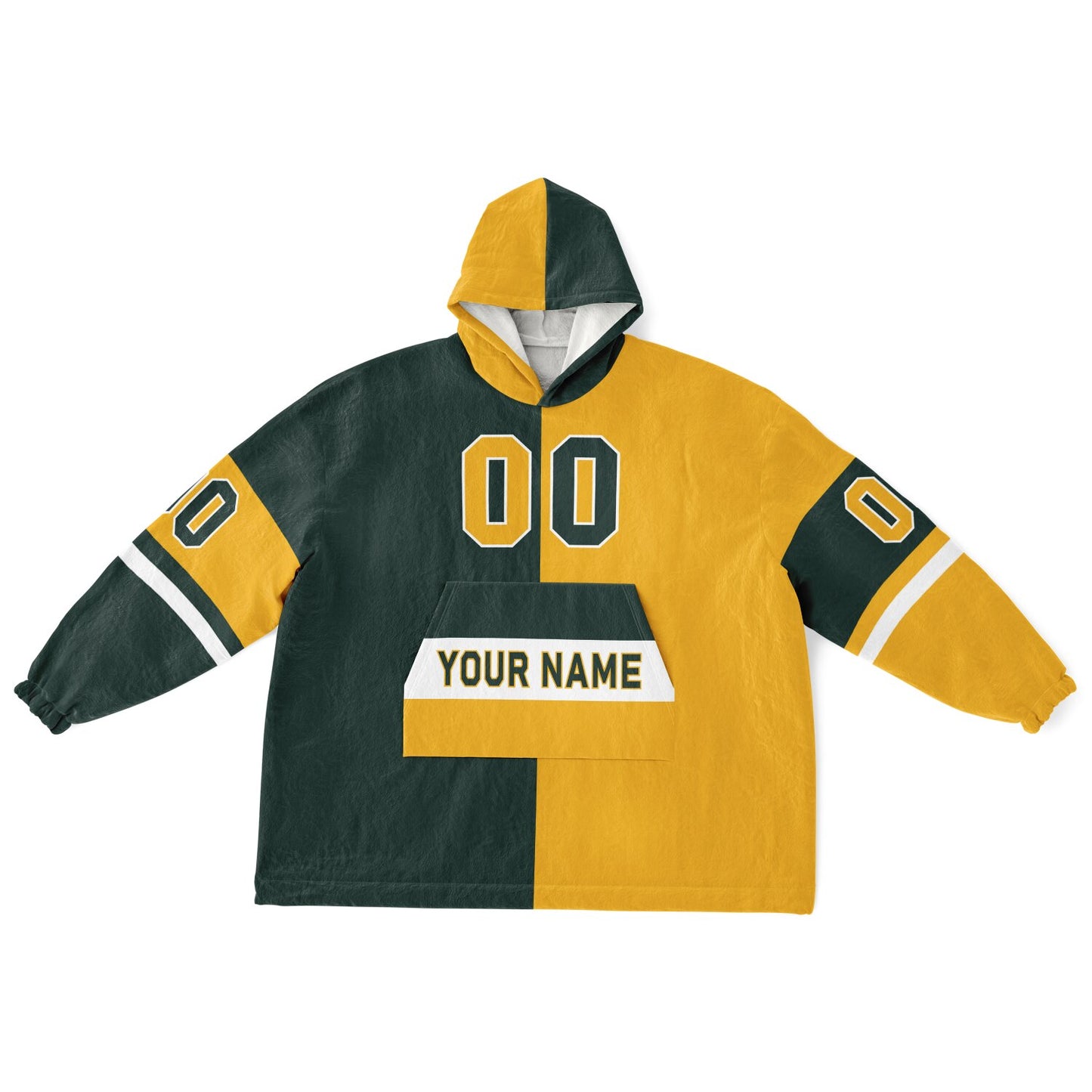 Green, gold, and white halftime snug hoodie with three-tone split design and cozy fleece texture.
