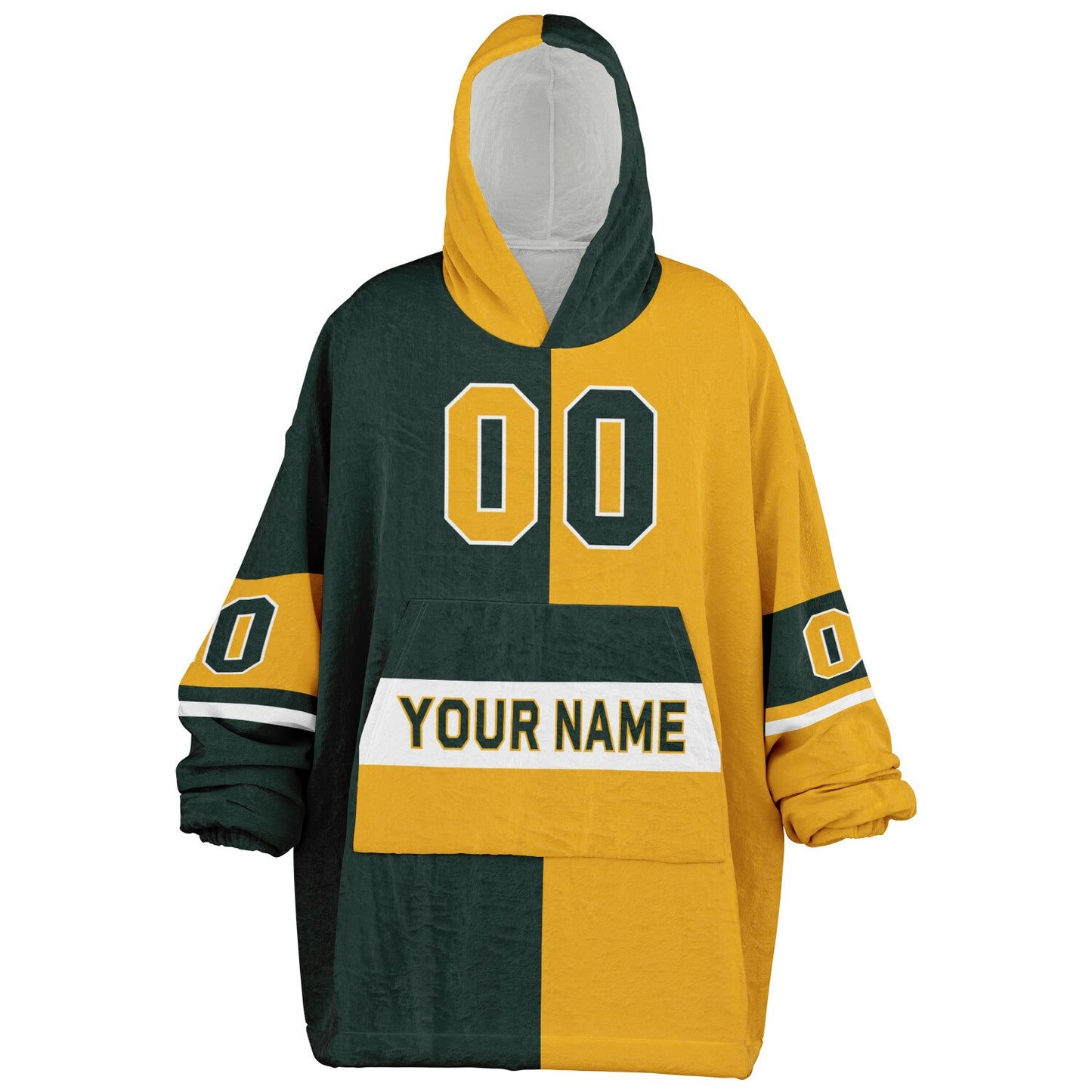 Green, gold, and white halftime snug hoodie with three-tone split design and cozy fleece texture.