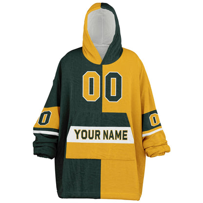 Green, gold, and white halftime snug hoodie with three-tone split design and cozy fleece texture.