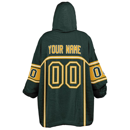 Green, gold, and white lineup snug hoodie with clean line work and subtle jersey influence.