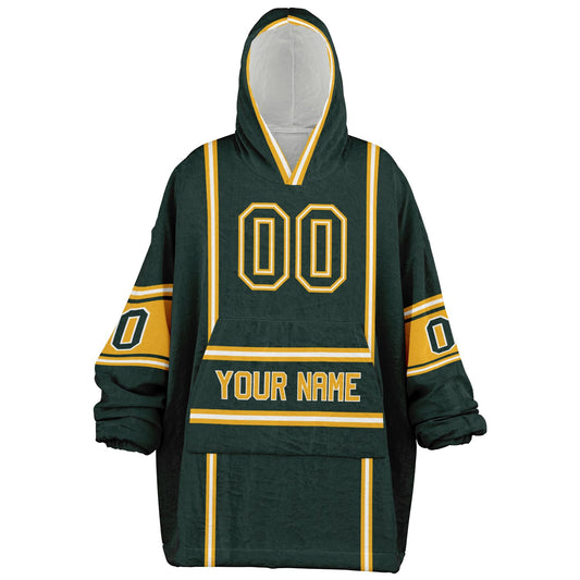 Green, gold, and white lineup snug hoodie with clean line work and subtle jersey influence.