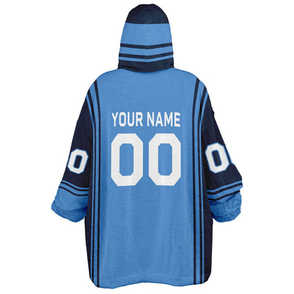 Light blue and navy bold snug hoodie with modern color-block design and soft loungewear fit.