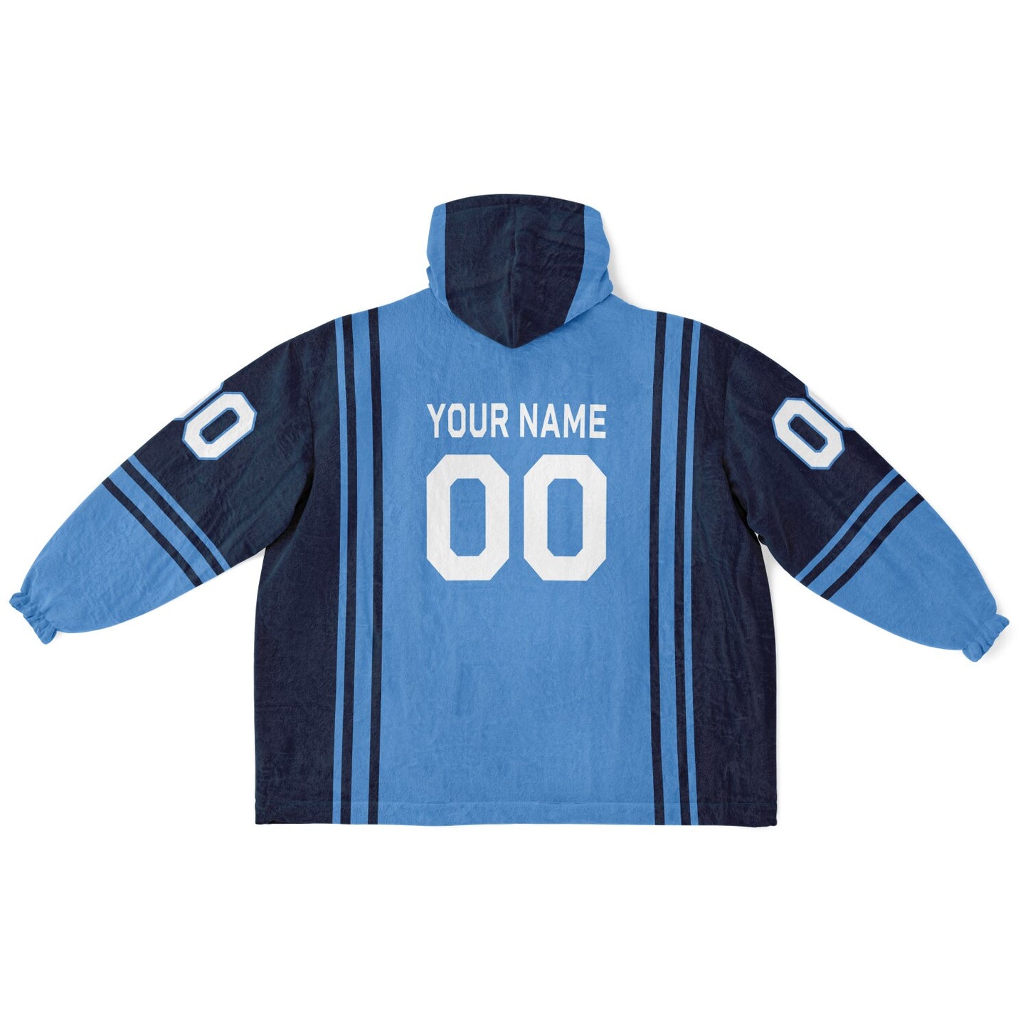 Light blue and navy bold snug hoodie with modern color-block design and soft loungewear fit.